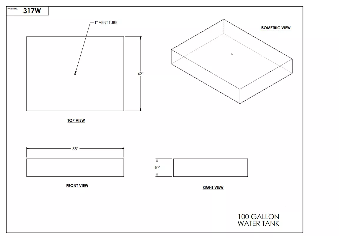100 Gallon RV Water Tank 55 ” x 42 ” x 10 ” EPI 317W Discontinued