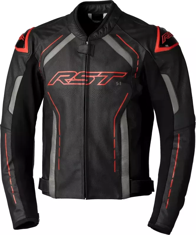 102977RED-42 Rst S1 Ce Jacket Black/Grey/Red Leather Md