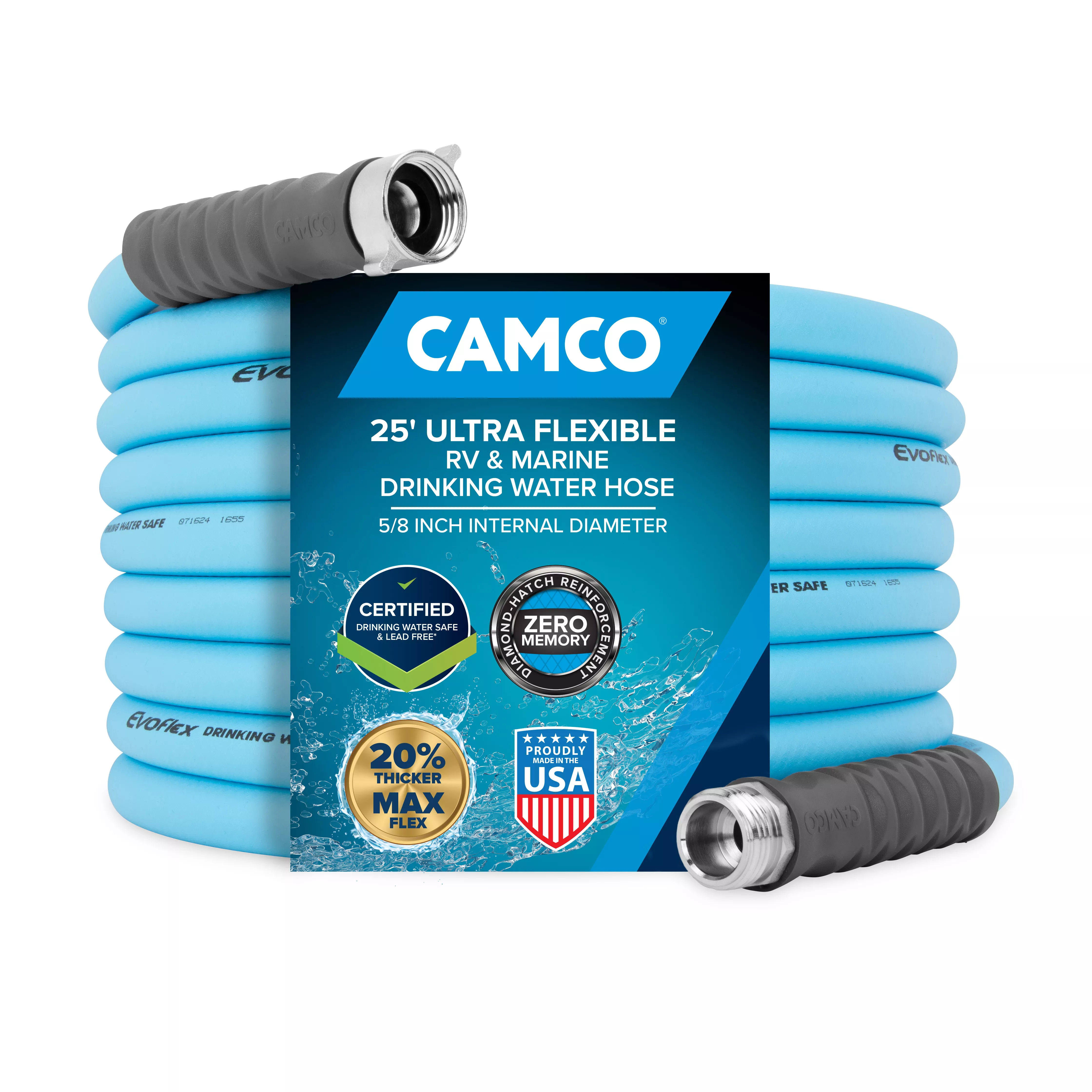 22594 - Camco EvoFlex 25' Professional Plus Marine/RV Drinking Water Hose — For Drinking Water — Certified Lead-Free — Anti-Kink Design — Zero Memory Retention — Made with Quality PVC —Machined Fittings — UV Stabilized for Long-Lasting Durability — 5/8" ID