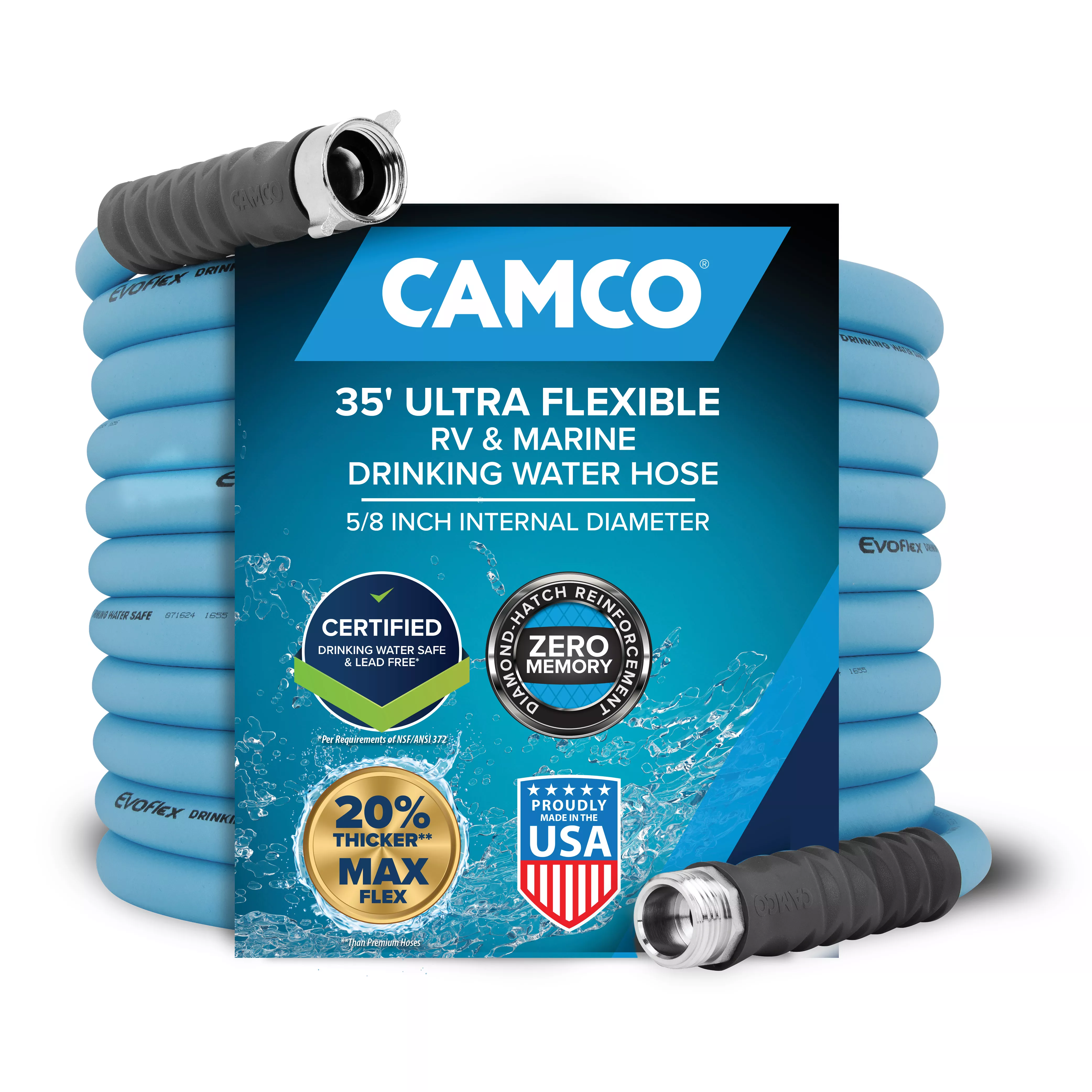 22595 - Camco EvoFlex 35' Professional Plus Marine/RV Drinking Water Hose — For Drinking Water — Certified Lead-Free — Anti-Kink Design — Zero Memory Retention — Made with Quality PVC —Machined Fittings — UV Stabilized for Long-Lasting Durability — 5/8" ID