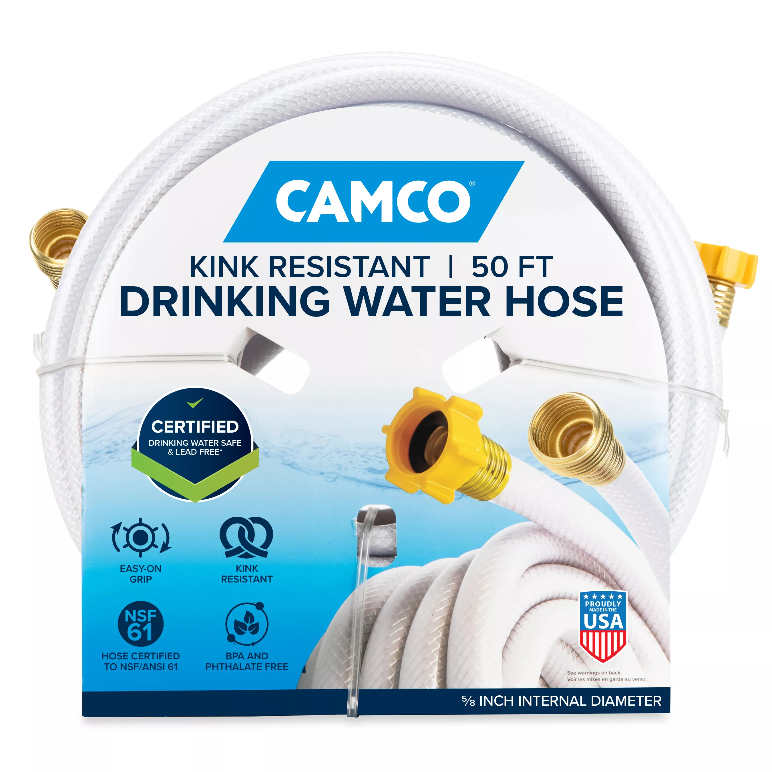 22793 - 50' Premium Grade Marine/RV Drinking Water Hose, Certified For Drinking Water & Lead-Free, Anti-Kink Design, Quality PVC RV Water Hose, UV Stabilized for Long-Lasting Durability, 5/8" ID