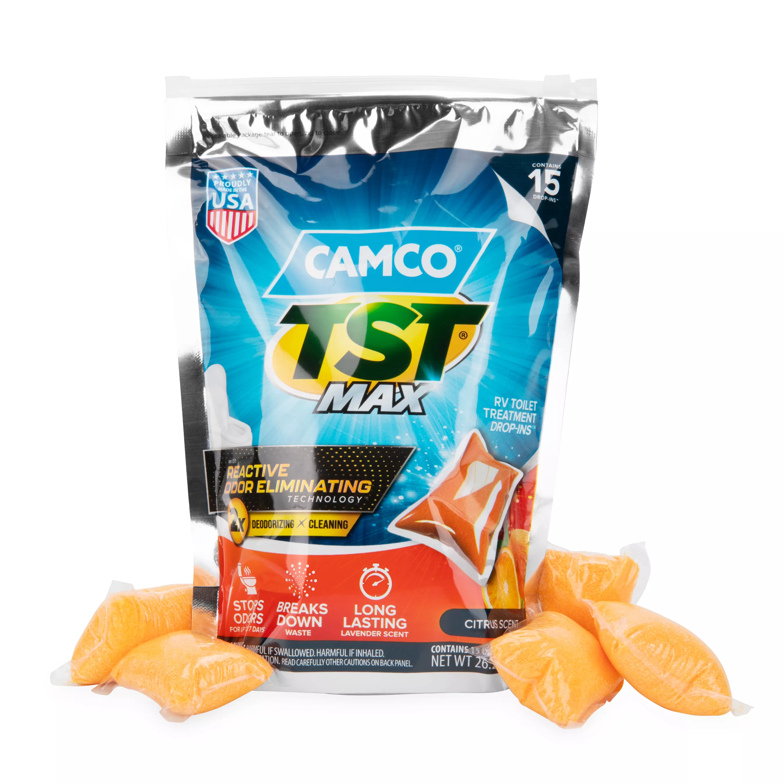 41189 - TST MAX Marine/RV Toilet Treatment Drop-INs — Control Unwanted Odors & Break Down Waste and Tissue — Septic Tank Safe — Long-Lasting Citrus Scent — 15 per Bag