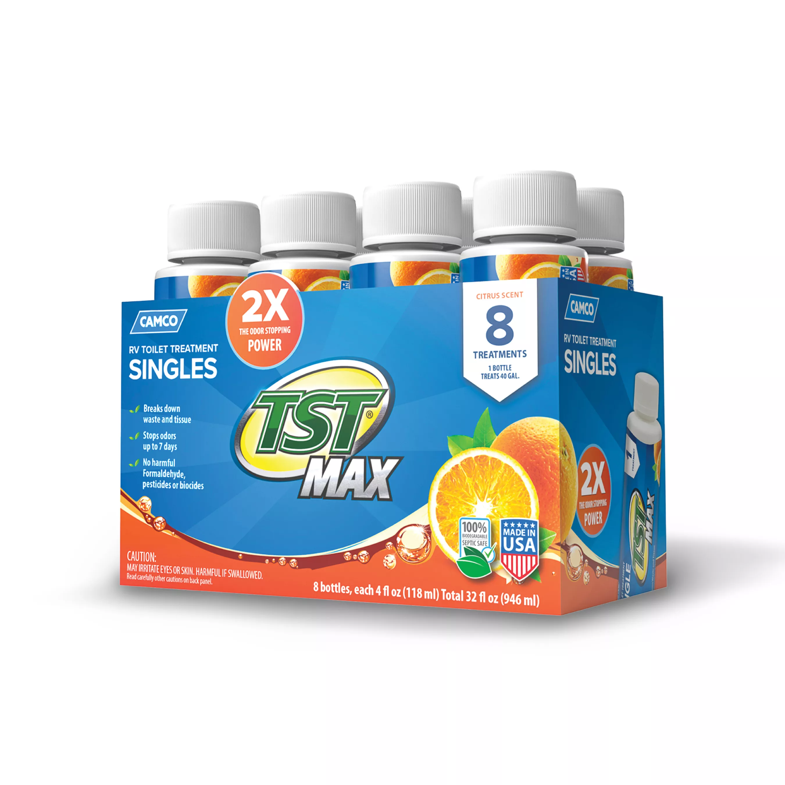 41191 - TST MAX Marine/RV Toilet Treatment Singles — Control Unwanted Odors & Break Down Waste and Tissue — Septic Tank Safe — Long-Lasting Citrus Scent — 4 oz Bottles (8-Count)