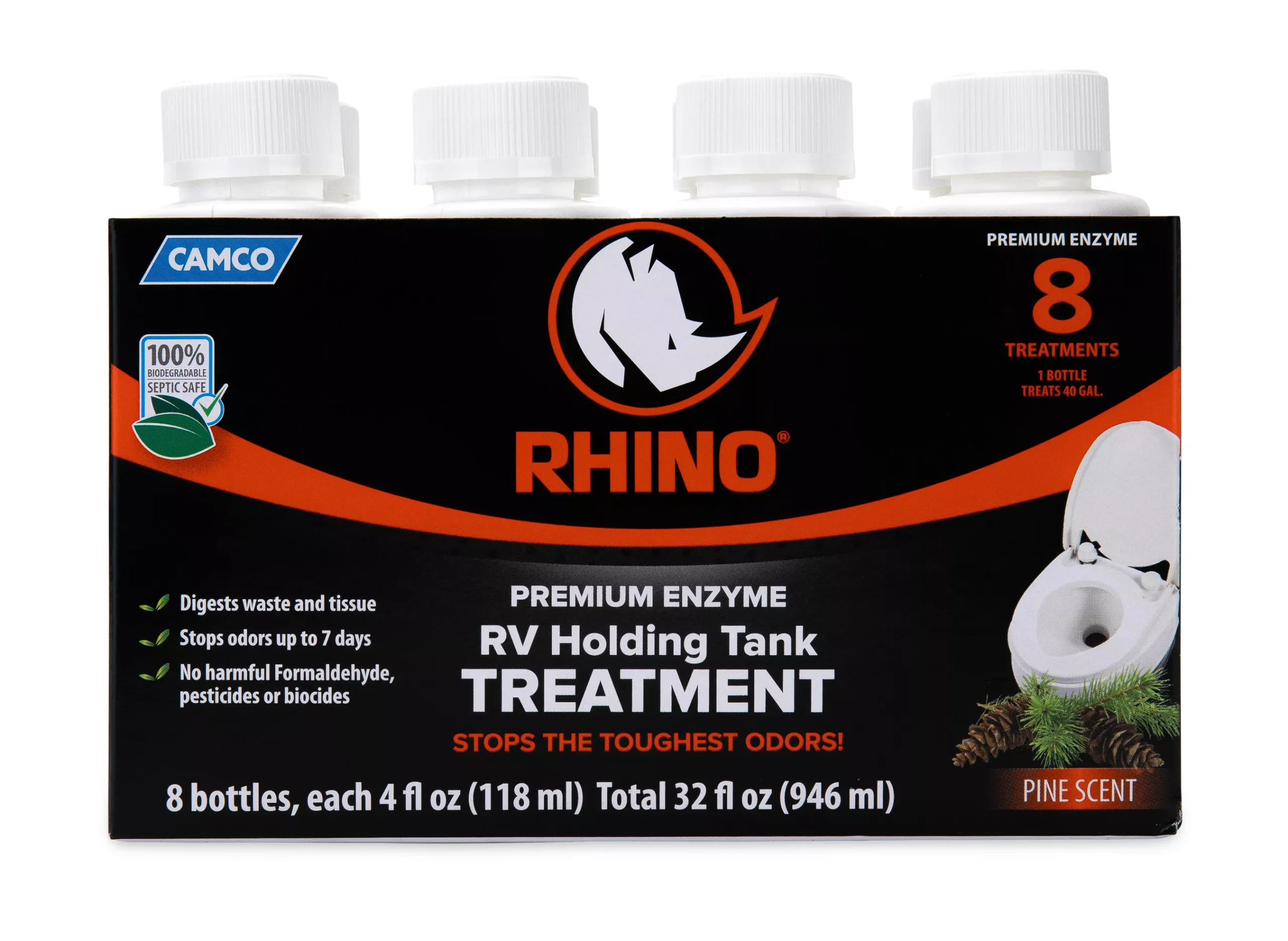 41511 - RhinoFLEX Premium Enzyme RV Holding Tank Treatment Singles, Pine Scent, (8) 4 oz. Bottles