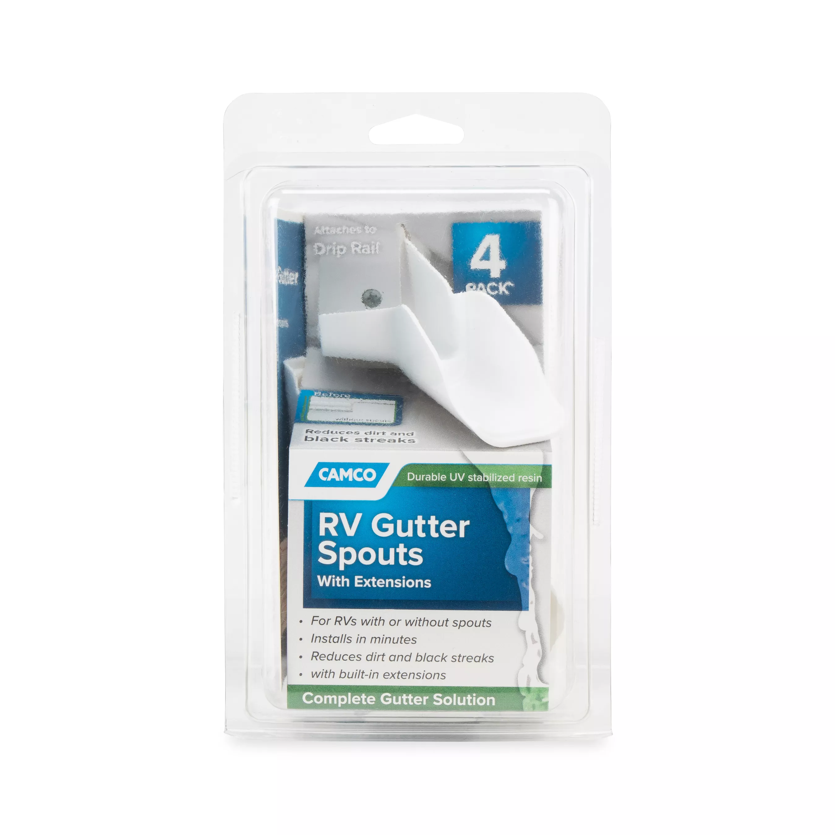 42134 - RV Gutter Spouts with Built-In Extensions, White, 4-Pack