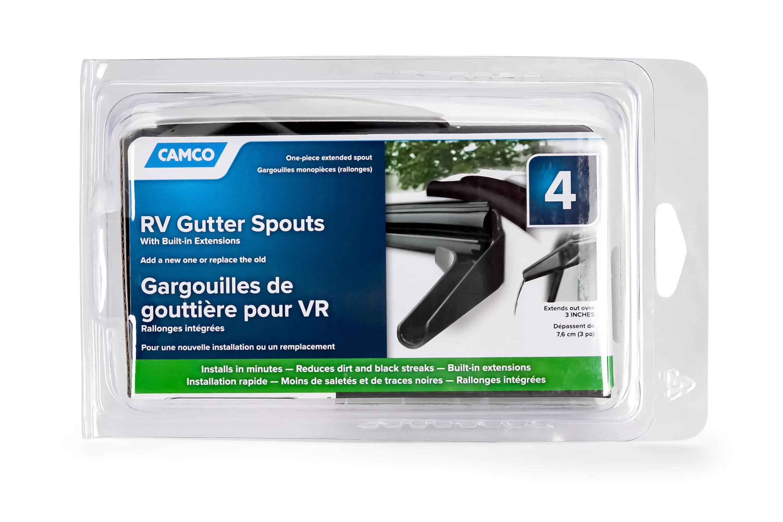 42452 - RV Gutter Spouts with Built-In Extensions, Black, 4-Pack