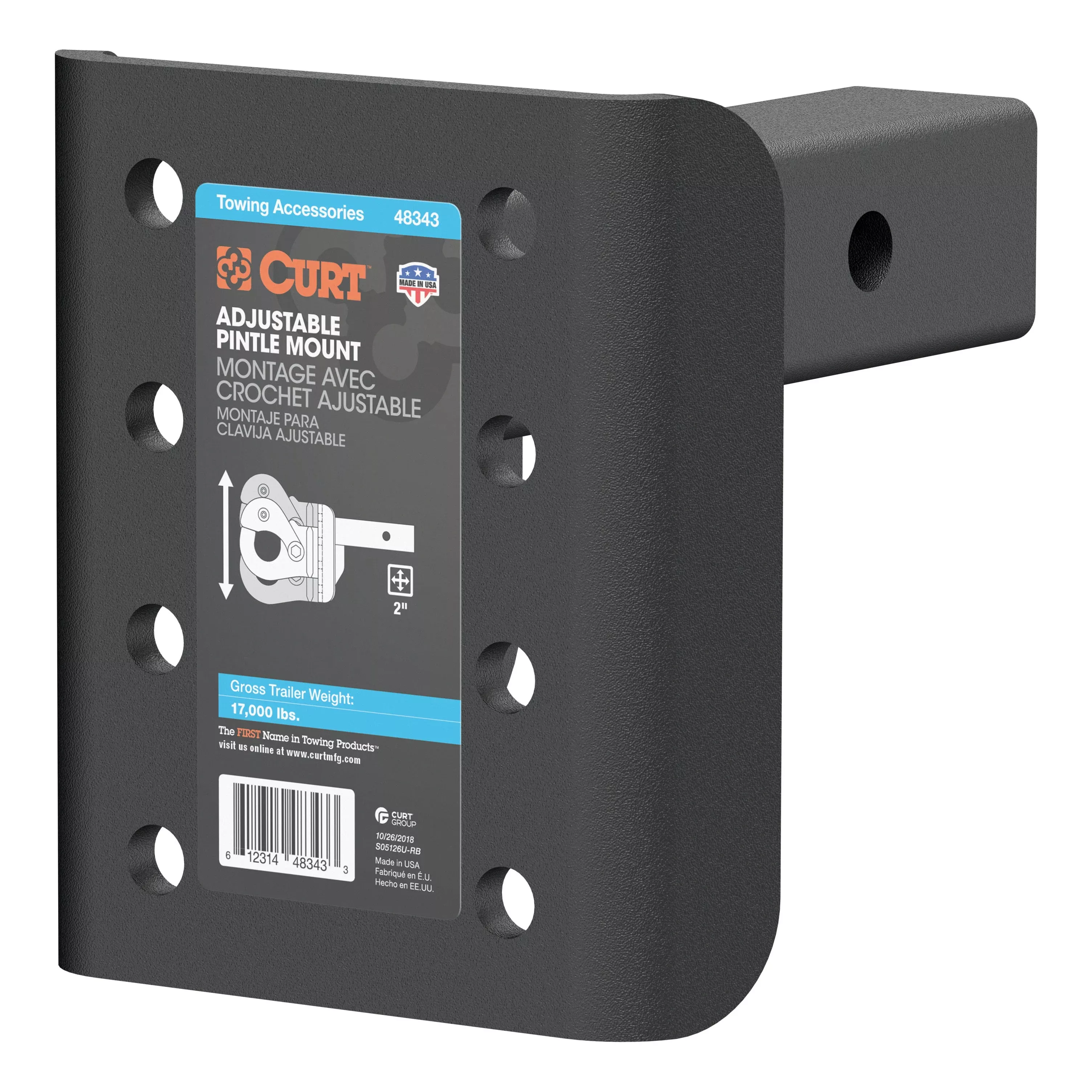 48343 - Adjustable Pintle Mount for 2-Inch Hitch Receiver, 17,000 lbs, 7-1/4-Inch Height, 6-Inch Length