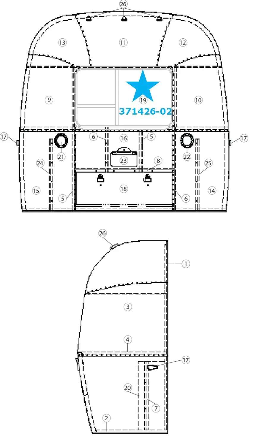 Airstream Sport or Safari Rear End Vertical Egress Window 44 ” x 24.25 ” – 371426-02