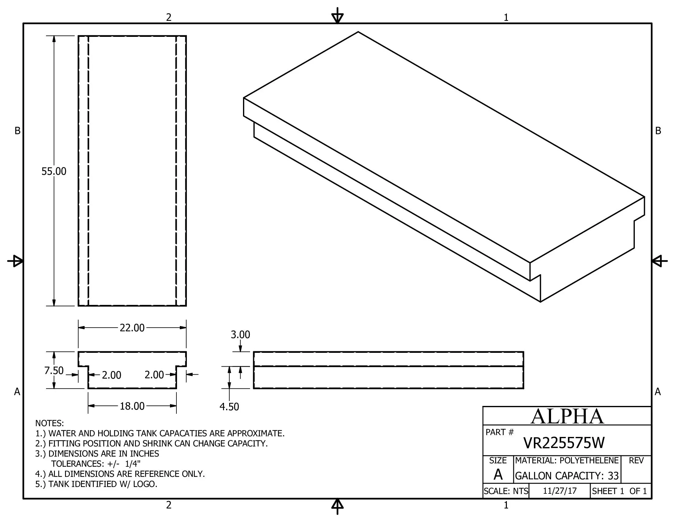 Alpha – 33 Gallons Fresh Water Tank – 55 ” x 22 ” x 7 1/2 ” – VR225575WBLANK