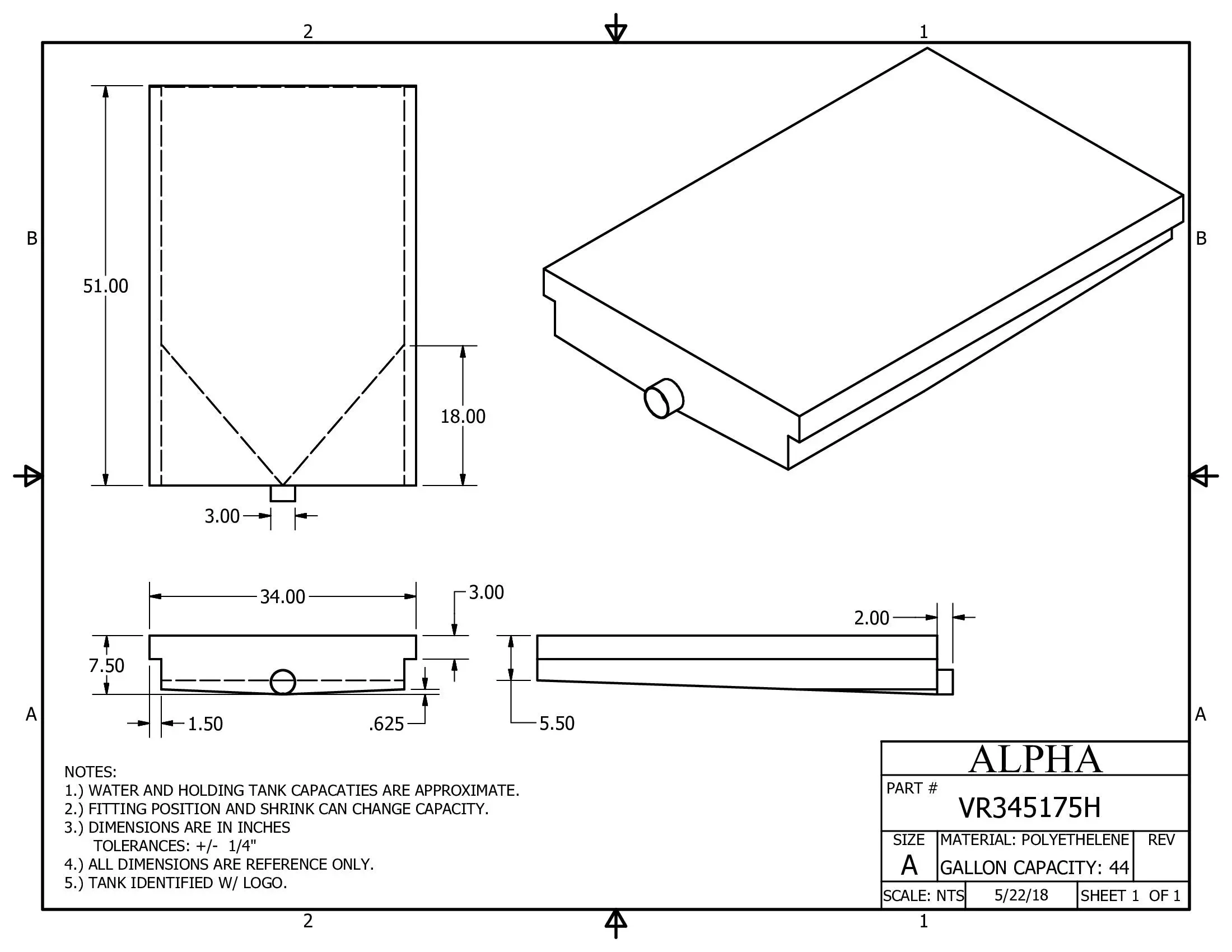Alpha – 45 Gallons Holding Tank – 51 ” x 34 ” x 7 7/8 ” – VR345175HBLANK
