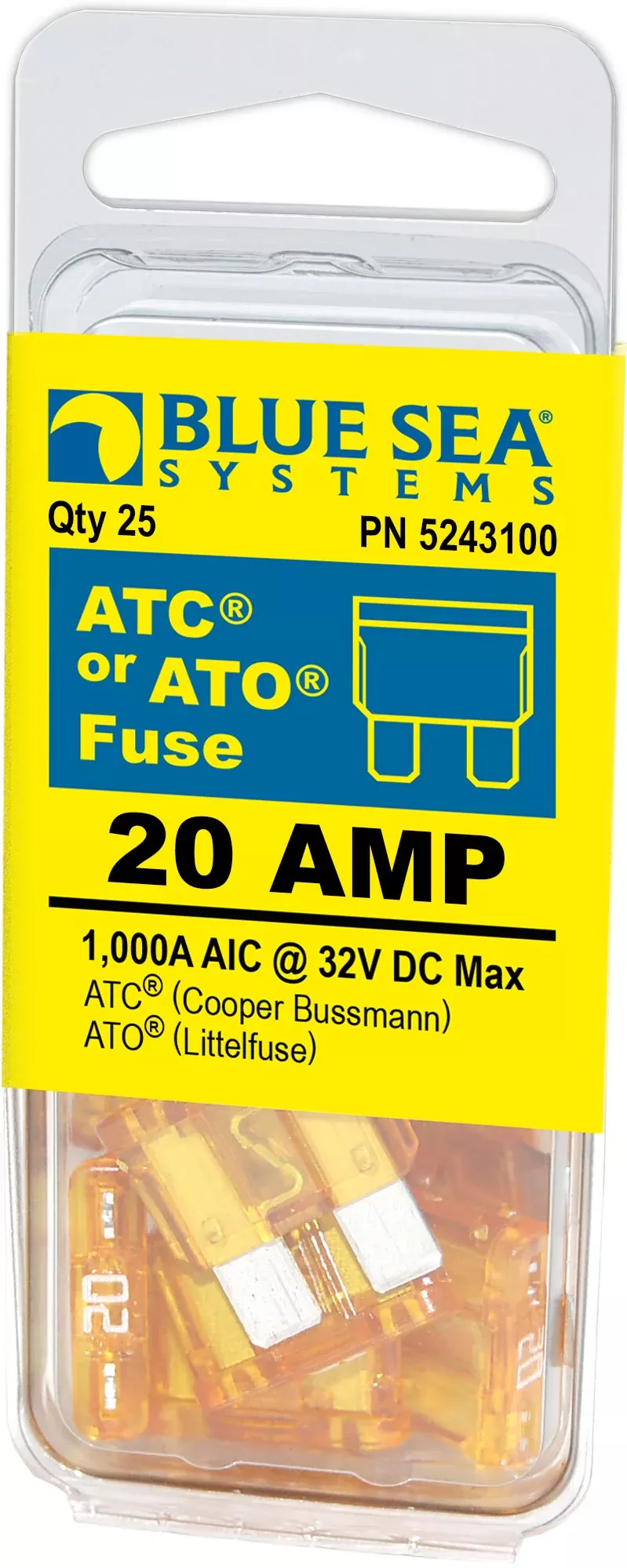Blue Sea 5243100-BSS 20A ATO/ATC Blade Fuses - 25 Pack