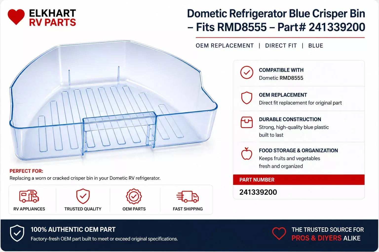 Dometic Refrigerator Crisper Drawer - Blue - Fits RMD8555 - Part# 241339200