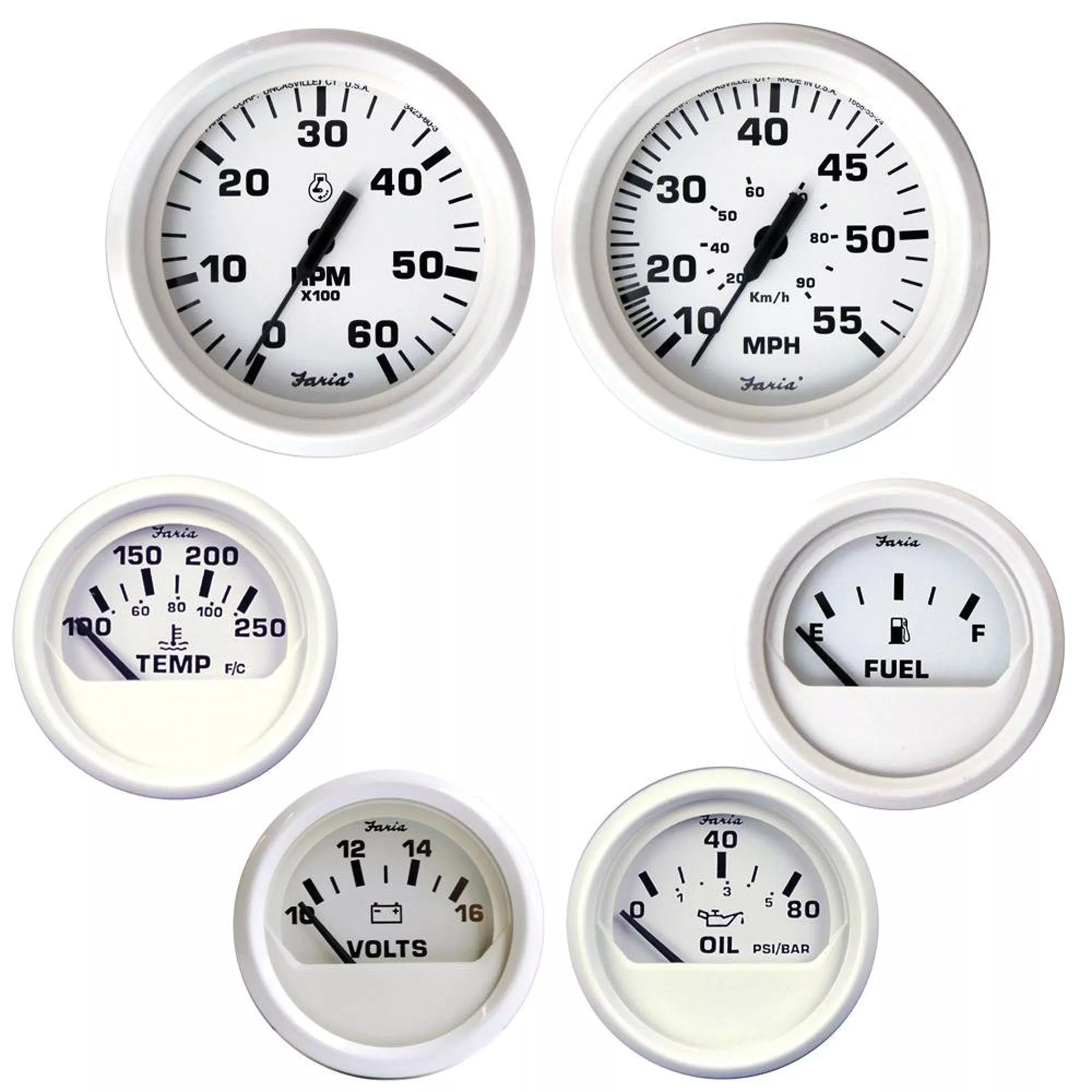 Faria KT9797 Dress White Inboard 6-Gauge Boxed Set – Speedometer/Tachometer/Fuel Level/Voltmeter/Water Temp/Oil PSI
