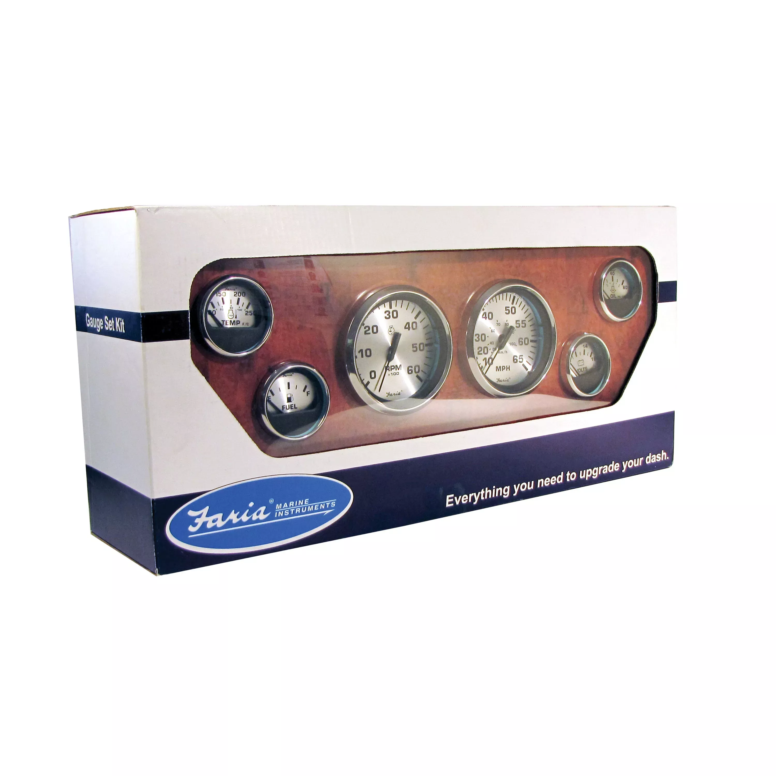 Faria KTF0184 Spun Silver Inboard 6-Gauge Boxed Set - Speedometer/Tachometer/Fuel Level/Voltmeter/Water Temp/Oil PSI