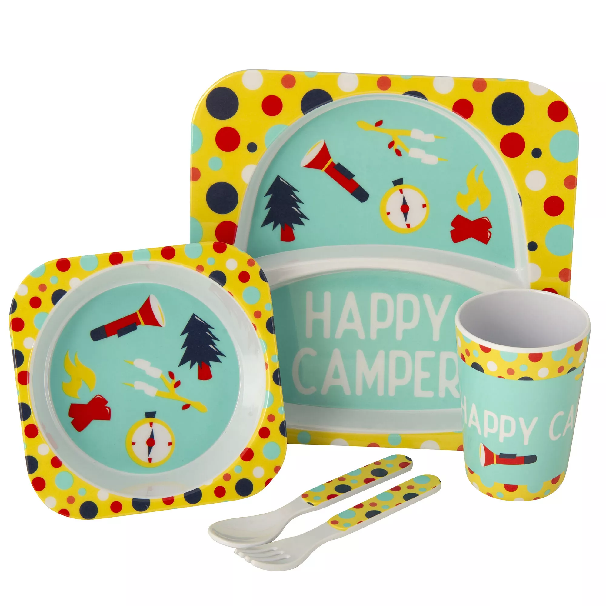 Kid’s Happy Camper Food Tray Set, Yellow/Aqua