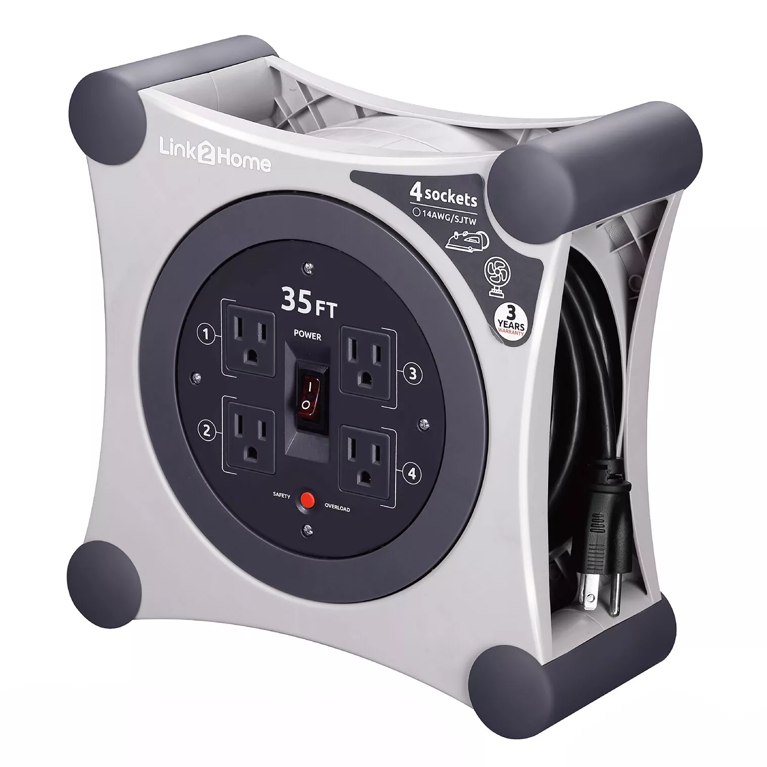 Link2Home Cord Reel 35′ Extension Cord with 4 Power Outlets, Gray