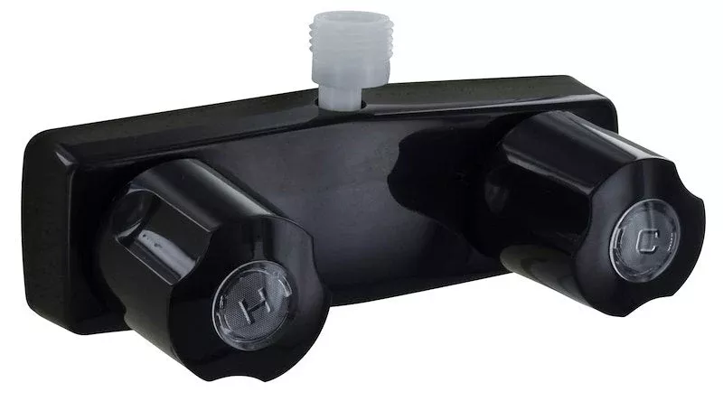 Phoenix Products PF213741 2 Valve Shower Control Valve, Single Piece Wall Mount, Plastic Compression Valve, 4" Center Distance, 2 Hole Application, 2 Black Acrylic Knob Handle, Black, Plastic Underbody, With Vacuum Breaker To Attach Hand Held Shower Hose