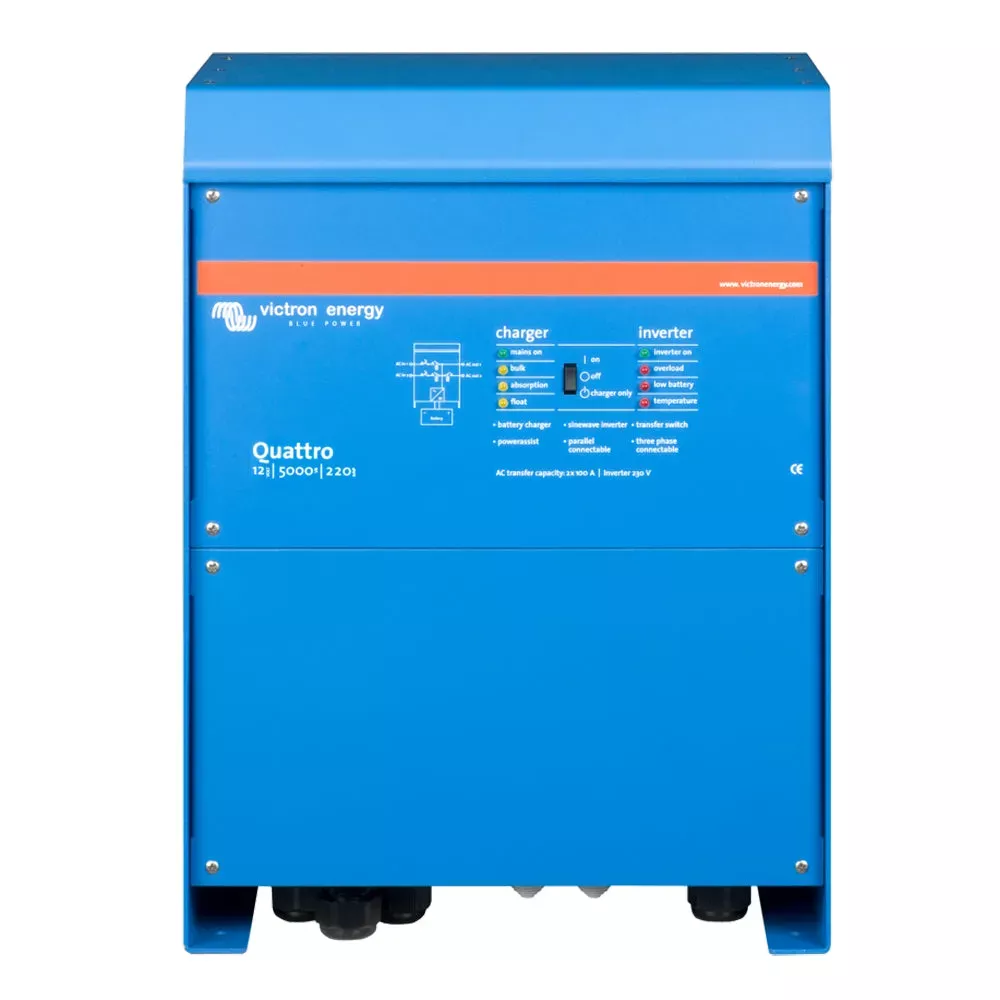 Victron Quattro Inverter/Charger 12 VDC – 5000W -Dual 100AMP 120VAC Inputs – Auto Transfer Switch – 200AMP Battery Charger – Stackable QUA125021100